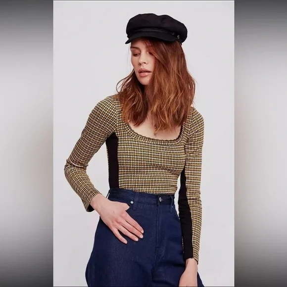 Free People Gold Herringbone Crochet Lace Detail Crop Long Sleeve Tee T-Shirt - Picture 8 of 12